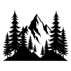 Obraz premium Black silhouette of pine trees and jagged mountains against a white background