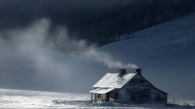 Snow-covered, off-grid cabin with smoke rising in a quiet winter landscape  