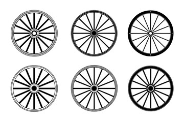 Fototapeta premium A collection of six distinct black and white wagon wheel icons, presented in a grid, showcasing various rim and hub styles with solid spokes.