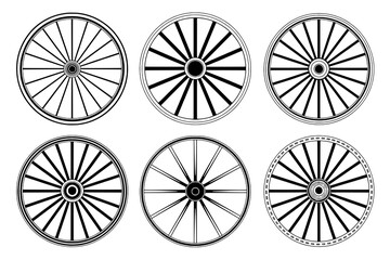 Fototapeta premium A collection of six distinct black and white wagon wheel icons, each featuring unique spoke, rim, and hub designs in a flat vector style.