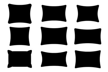 A 3x3 grid of nine solid black pillow and cushion silhouettes, each with distinct shape variations and rounded corners.