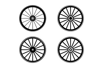 Fototapeta premium A grid of four black and white wagon wheel icons, each with distinct variations in solid and outlined rim, spoke, and hub designs, presented on a clean white background.