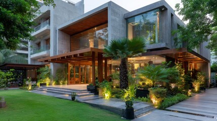 Modern house design featuring extensive glass and natural landscaping in a serene urban setting