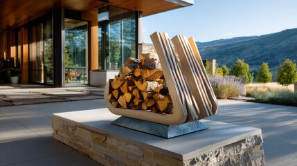Unique outdoor firewood holder designed with modern style in a beautiful mountain setting