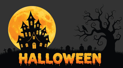 Vector art of a spooky halloween scene featuring a haunted house silhouetted against a full moon, with a crow perched on a bare tree and tombstones in the foreground, perfect for holiday themes