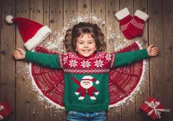 Happy child in a Christmas sweater making a snow angel on a wooden floor. Joyful girl celebrating the holiday season. Top view flat lay composition