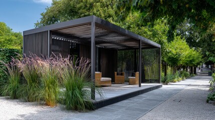 Modern outdoor shelter with seating and greenery in a serene garden setting during daytime