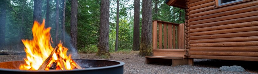 Cozy Cabin Retreat Bonfire Night in the Woods, camping , cabin