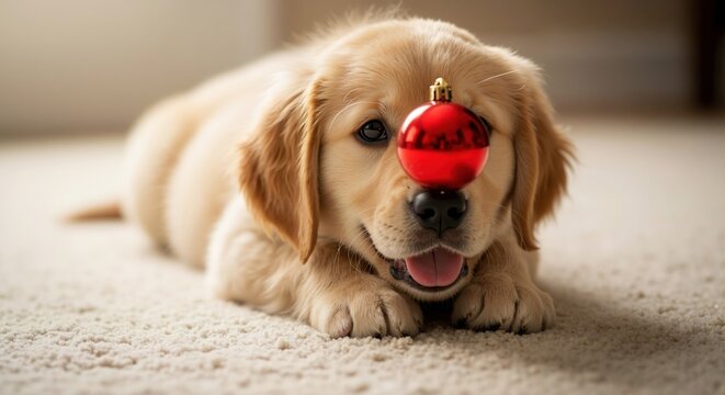 Cute golden retriever puppy with a red Christmas ornament on its nose. Funny festive dog celebrating the holiday season