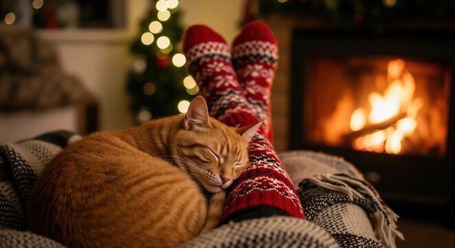 A ginger cat sleeping on a person's lap in cozy christmas socks by the fireplace. Relaxing at home during the winter holidays with a warm fire. Hygge and comfort concept