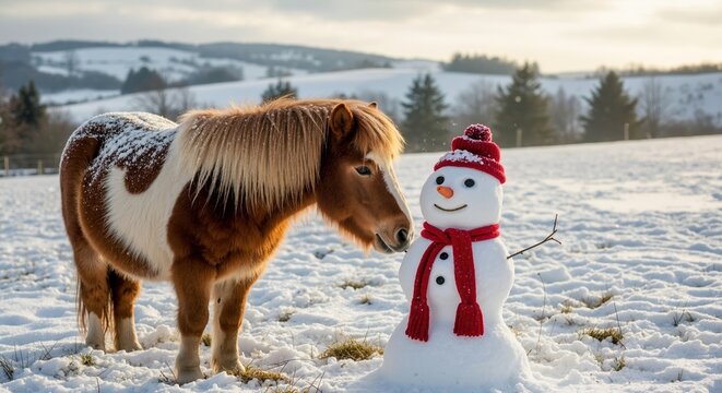 A cute Shetland pony stands next to a snowman in a snowy winter landscape. Adorable brown and white horse and a festive snowman friend on a farm. Christmas holiday scene