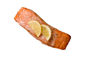 Fish, grilled salmon fillet, healthy food, seafood. Grilled salmon fillet as a background