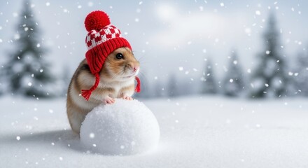 Fototapeta premium Cute hamster in a red knitted hat with a snowball in a winter snow scene. Funny animal celebrating Christmas holidays. Copy space for text