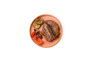 Grilled beef or pork steak, healthy restaurant food for lunch. Barbecue steak as a background