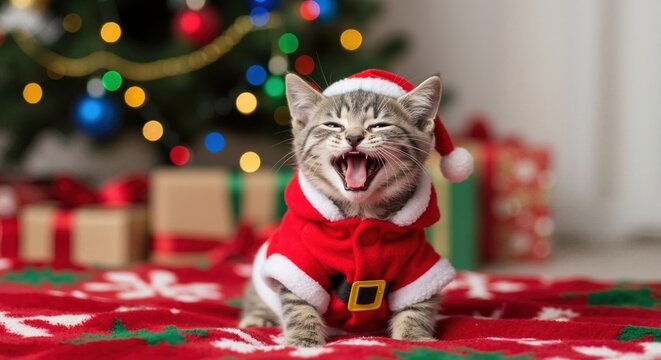 A funny tabby kitten in a Santa costume yawning with its mouth open. Cute pet cat celebrating the Christmas holiday. Festive background with a decorated tree and gifts