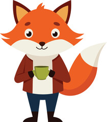 Obraz premium Cute cartoon fox wearing a jacket holding a green cup of coffee