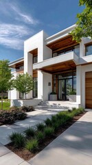 Modern residence with large windows and sleek design surrounded by greenery in a sunny outdoor setting