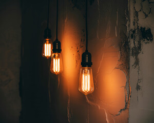 Warm Edison bulbs cast an inviting amber glow on a textured, rustic wall, creating a cozy and atmospheric ambiance perfect for cafes and homes.