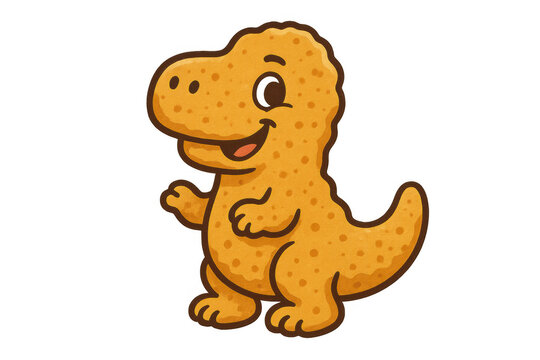 Happy cartoon dinosaur chicken nugget character with smiling face, enjoying food, kids meal, fun packaging design