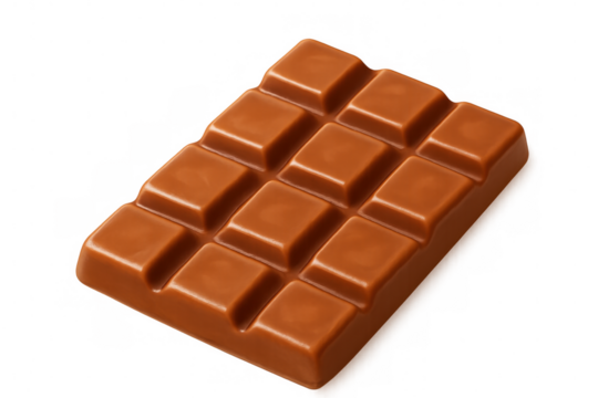Milk chocolate bar showing segmented squares, sweet confectionery food, cocoa product for dessert on transparent background