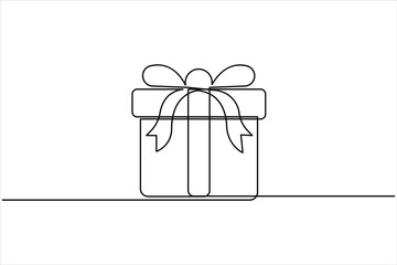 Continuous one line art drawing of present box with ribbon and bow. Gift box single line art outline vector illustration