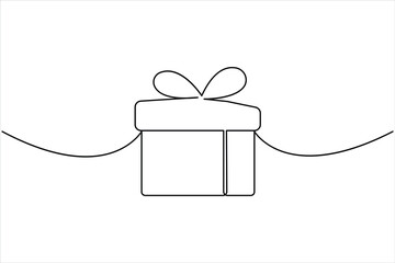 Continuous one line art drawing of present box with ribbon and bow. Gift box single line art outline vector illustration