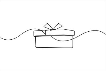 Continuous one line art drawing of present box with ribbon and bow. Gift box single line art outline vector illustration