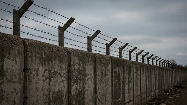 Concrete prison wall with barbed wire on top, barbed wire barrier for high-security perimeter, symbol of incarceration and isolation, restricted prison zone with fencing and no entry access