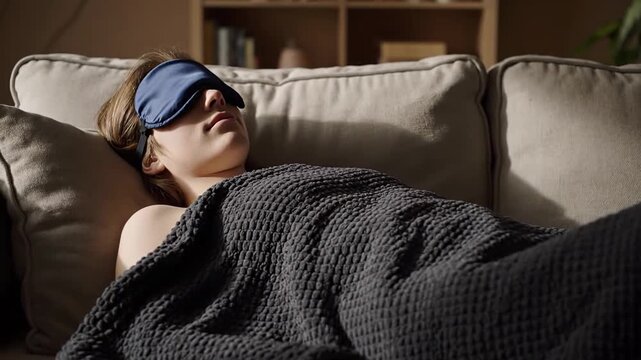 Serene young woman wearing a sleep mask peacefully dozing on the sofa. The sun's gentle rays illuminate the living room, providing a tranquil setting for her mid afternoon nap