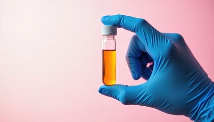 Blue gloved hand holds urine sample in test tube. Medical lab tech examines fluid. Lab analysis for disease diagnosis, research in clinic for infections.