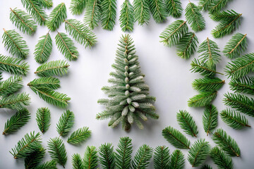 Pine tree branches frame on white background