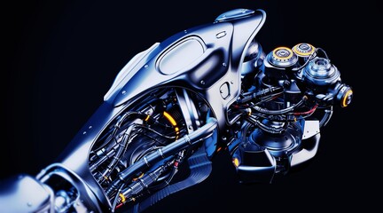 Futuristic high-tech robotic machinery with intricate mechanical components, detailed wiring, and glowing lights on a dark background, showcasing advanced technology