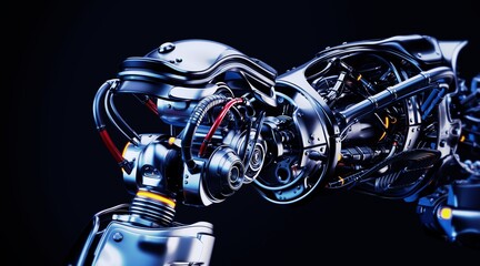 Futuristic robotic arm with intricate mechanical components glowing in a high-tech setting showcasing advanced engineering and innovation in robotics