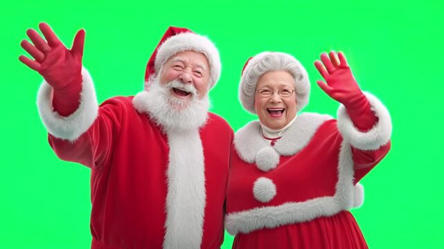 Closeup of a smiling santa claus and mrs claus waving, with festive red outfits and white trim, on a green background