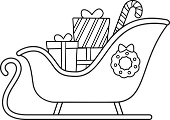Sleigh filled with Christmas gifts and Christmas tree outline vector.
Santa's Sleigh with gifts coloring page and template.
Transparent background.