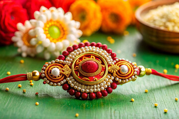 Vibrant, intricately embroidered thread work adorns a delicate rakhi, symbolizing eternal bond and love, on a soft, creamy background fabric.