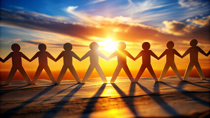 Paper Cutout People Holding Hands Against Sunset Light