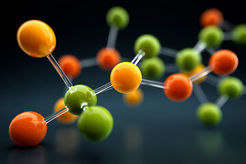 Close-up 3d rendering of a molecular structure model with vibrant green and orange spheres connected by transparent bonds against a dark gradient background, concept of chemistry and research