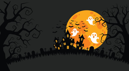 Vector art of halloween scene with ghosts, bats, and a haunted house under a full moon, surrounded by spooky trees and tombstones, creating a chilling and festive atmosphere