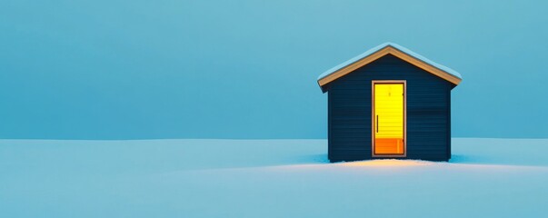Naklejka premium Illuminated Cabin in Winter Landscape,Warmth, Solitude
