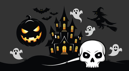 Vector art of a spooky halloween night scene featuring a haunted house, a grinning pumpkin, a skull, bats, ghosts, and a witch flying on a broomstick against a dark gray background