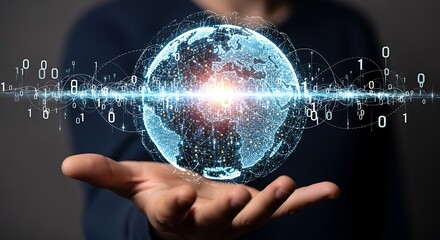 Man holding digital earth hologram in his hand, representing global network