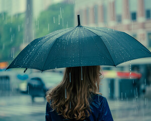 Woman walks through city street holding umbrella during a rainy day, capturing the mood of urban solitude and protection from the elements.