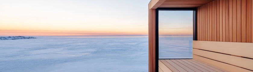 Fototapeta premium Minimalist Sauna Interior Frozen Sea, Sunset View, nordic , relaxation