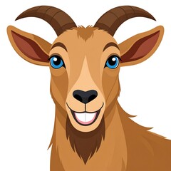 Close-up illustration of a smiling, cartoonish goat with brown fur
