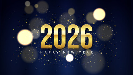 3D design 2026 in glossy golden color. Luxurious New Year celebration greeting card with glitter particles and bokeh effect on a dark blue background