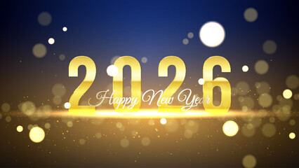 3D design 2026 in glossy golden color. Luxurious New Year celebration greeting card with glitter particles and bokeh effect on a dark blue background