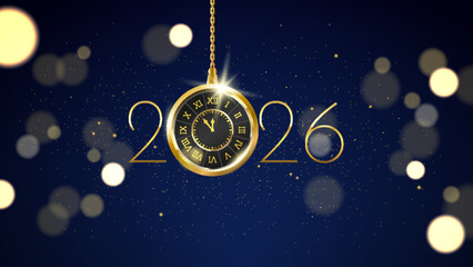 3D design 2026 in glossy golden color. Luxurious New Year celebration greeting card with vintage hanging clock, glitter particles, and bokeh effect on a dark blue background