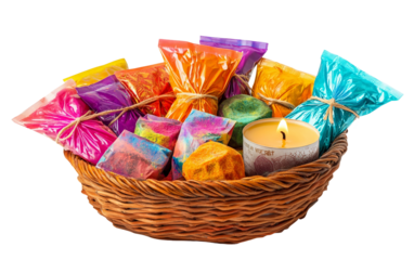 Festive composition of Indian Holi gift hamper filled with colorful powders and cultural delicacies isolated on transparent background PNG