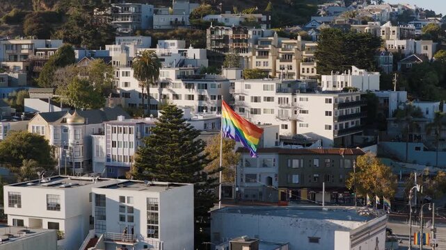 Slow Motion Rotation Around Big Pride Flag in Castro District of San Francisco